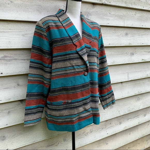 Vintage 80s Wool Blend Striped Print Collared V-Neck Long Sleeve Casual Jacket - Picture 2 of 16